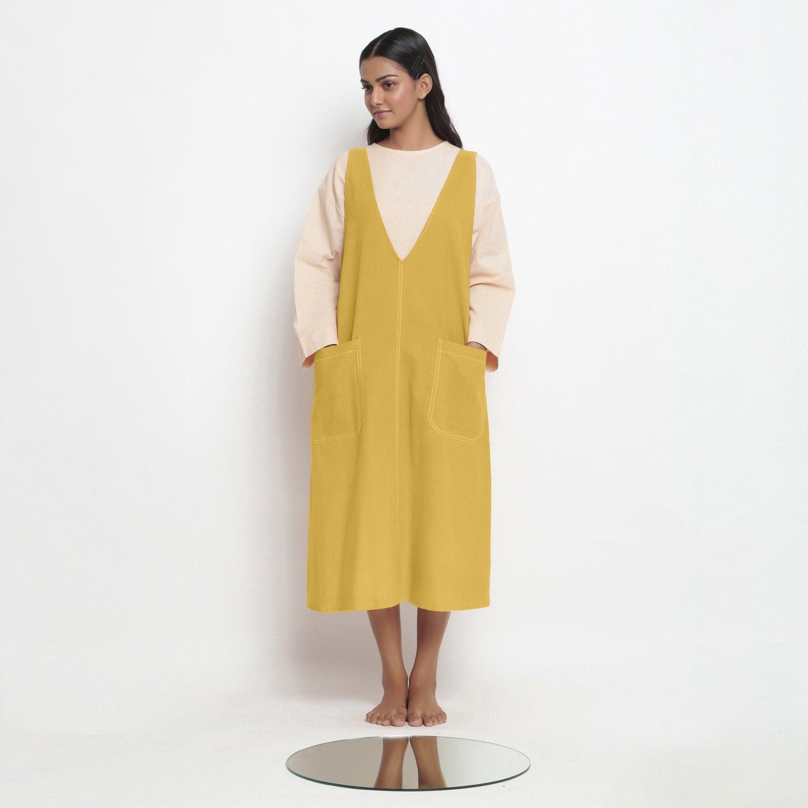 mustard yellow shift dress Light Yellow 100% Cotton Paneled Midi Shift Dress 46