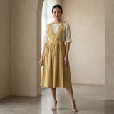 Light Yellow 100% Cotton V-Neck Pinafore Midi Wrap Dress