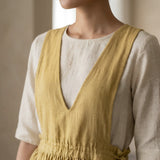 Light Yellow 100% Cotton V-Neck Pinafore Midi Wrap Dress