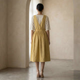 Light Yellow 100% Cotton V-Neck Pinafore Midi Wrap Dress