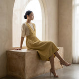 Light Yellow 100% Cotton V-Neck Pinafore Midi Wrap Dress