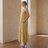 Light Yellow Cotton Drop-Waist Camisole Maxi Tier Dress