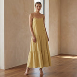 Light Yellow Cotton Drop-Waist Camisole Maxi Tier Dress