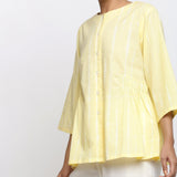 Front Detail of a Model wearing Light Yellow Cotton Button-Down Top