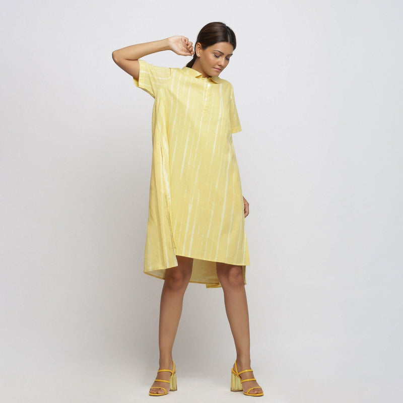 Right View of a Model wearing Light Yellow Tie And Dye High Low Dress