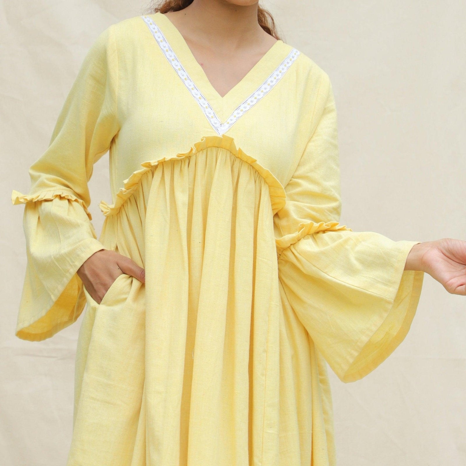 light yellow midi dress with sleeves Light Yellow Handspun Cotton Bohemian Midi Dress 66