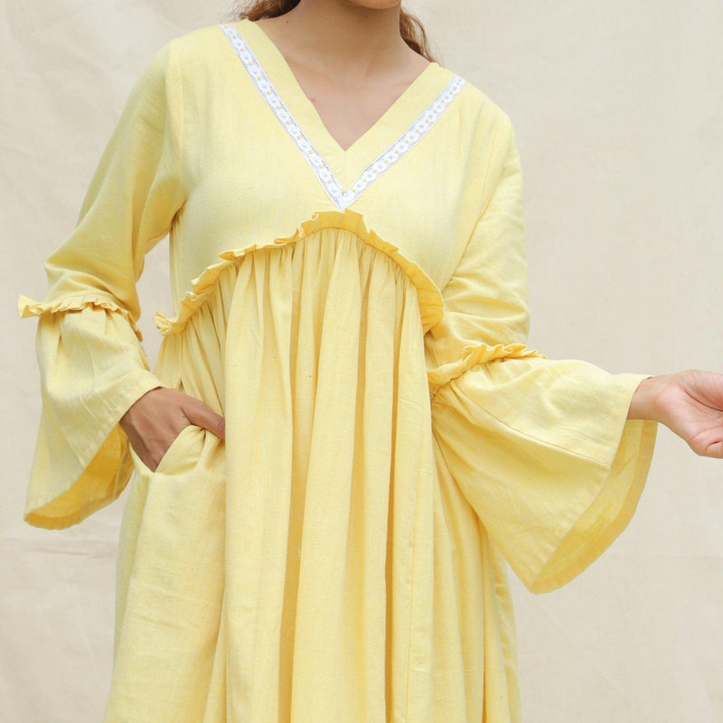 bohemian midi dress Light Yellow Handspun Cotton Bohemian Midi Dress 66" / Custom Height (Free)