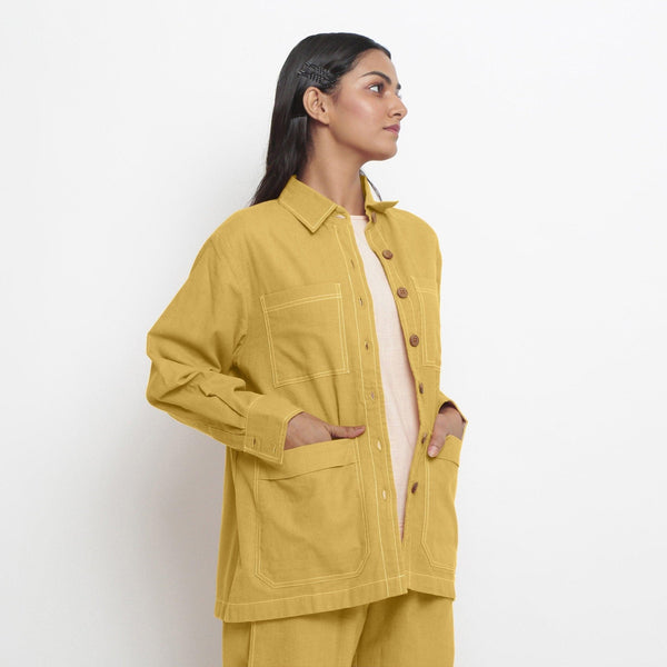 Right View of a Model wearing Yellow 100% Cotton Button-Down Outerwear