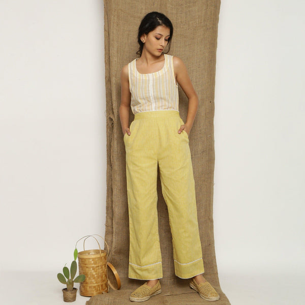 Front View of a Model wearing Handspun Light Yellow Straight Pant