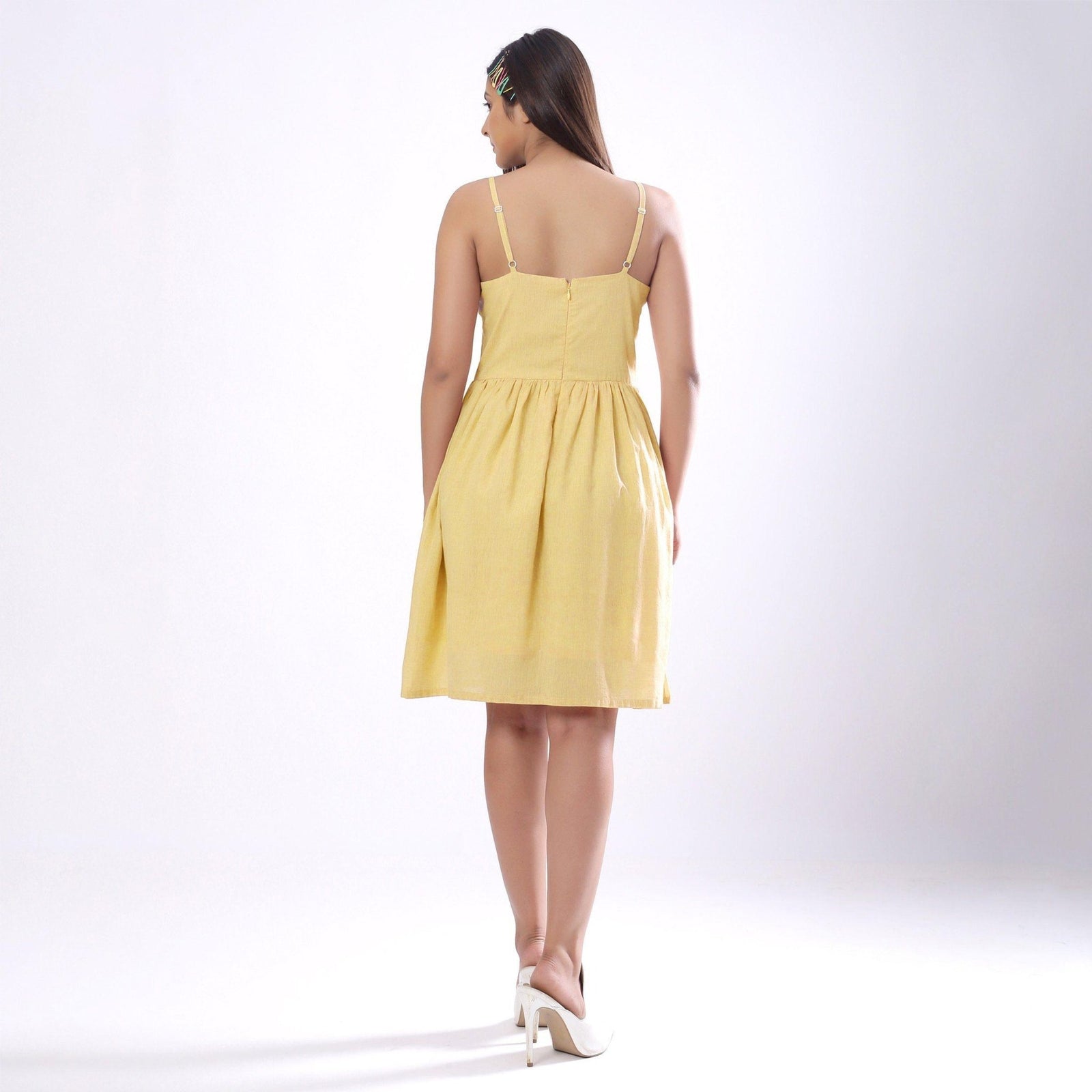 Light Yellow Handspun Cotton Knee Length Camisole Dress 32" / Regular (5'2" - 5'6")