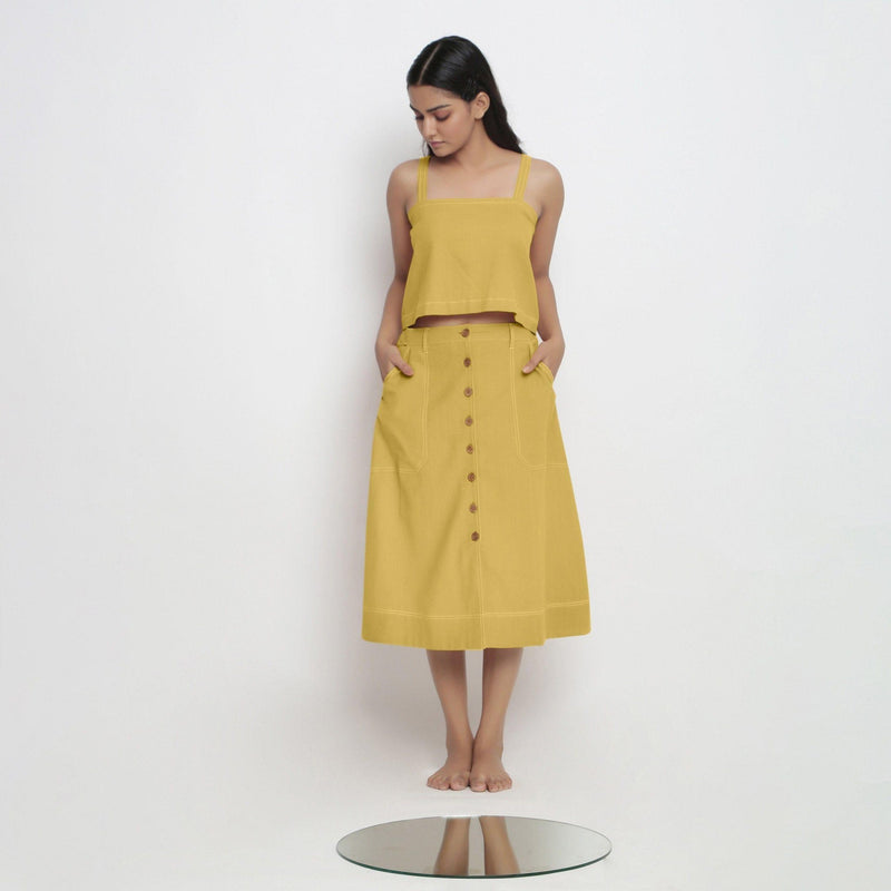 Front View of a Model wearing Vegetable-Dyed Yellow 100% Cotton Spaghetti Top