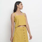 Right View of a Model wearing Vegetable-Dyed Yellow 100% Cotton Spaghetti Top