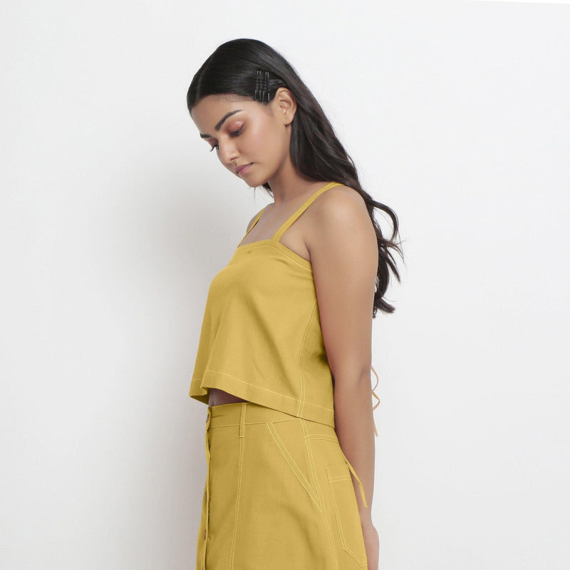 Left View of a Model wearing Vegetable-Dyed Yellow 100% Cotton Spaghetti Top