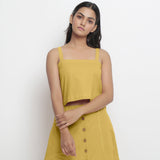 Front View of a Model wearing Vegetable-Dyed Yellow 100% Cotton Spaghetti Top