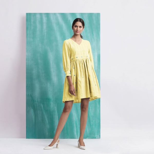 Light Yellow Handspun Cotton V-Neck Gathered Short Dress