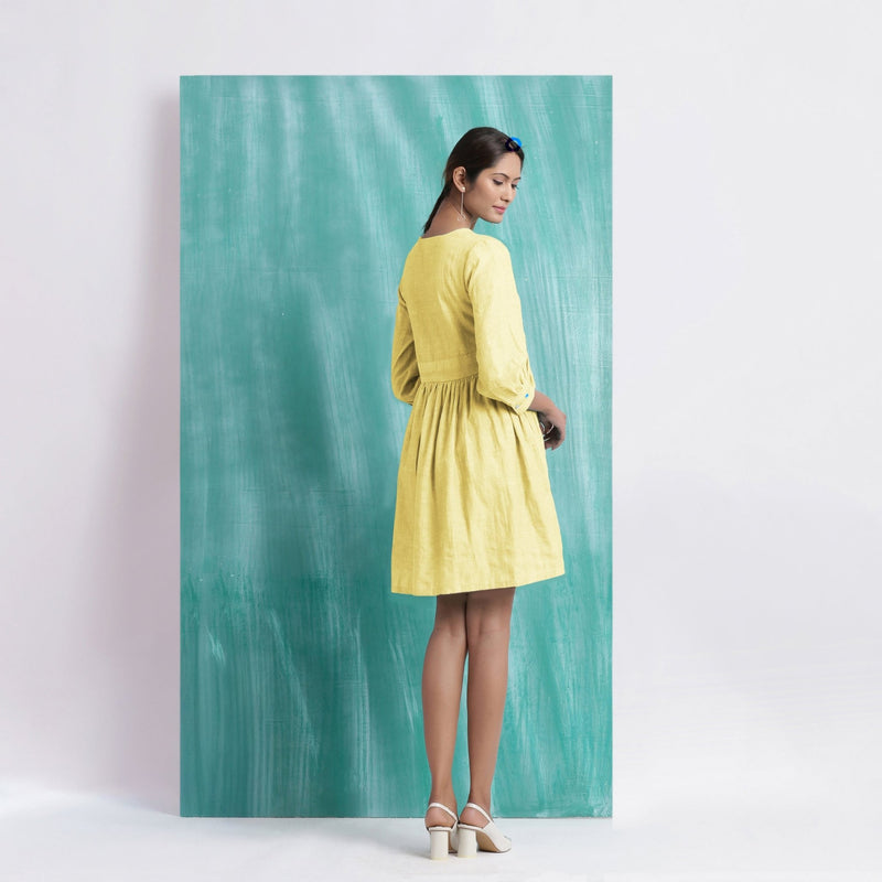 Light Yellow Handspun Cotton V-Neck Gathered Short Dress