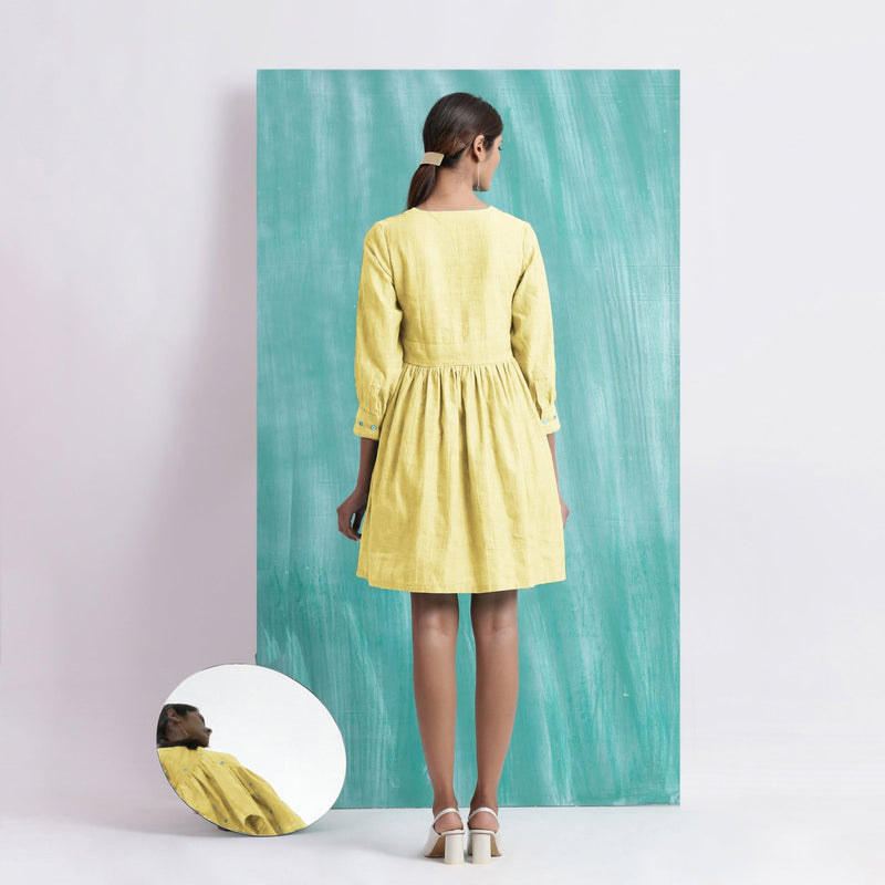 Light Yellow Handspun Cotton V-Neck Gathered Short Dress