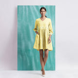 Light Yellow Handspun Cotton V-Neck Gathered Short Dress