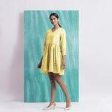 Light Yellow Handspun Cotton V-Neck Gathered Short Dress