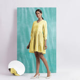 Light Yellow Handspun Cotton V-Neck Gathered Short Dress