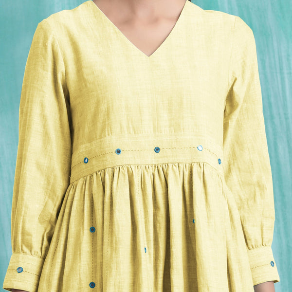 Light Yellow Handspun Cotton V-Neck Gathered Short Dress