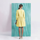 Light Yellow Handspun Cotton V-Neck Gathered Short Dress