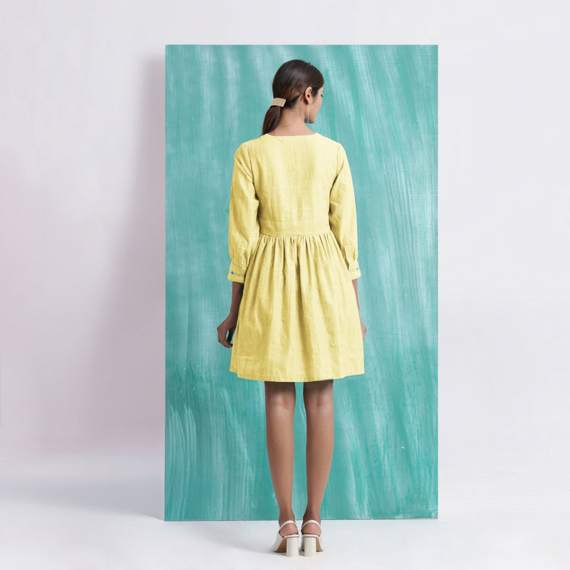 Light Yellow Handspun Cotton V-Neck Gathered Short Dress