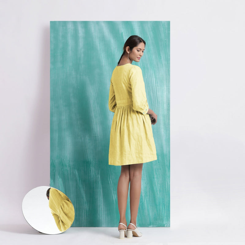 Light Yellow Handspun Cotton V-Neck Gathered Short Dress