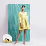 Light Yellow Handspun Cotton V-Neck Gathered Short Dress