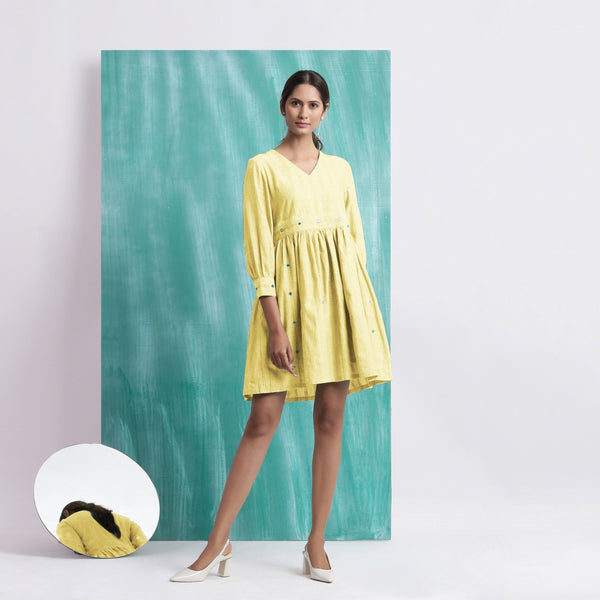 Light Yellow Handspun Cotton V-Neck Gathered Short Dress