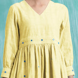 Light Yellow Handspun Cotton V-Neck Gathered Short Dress