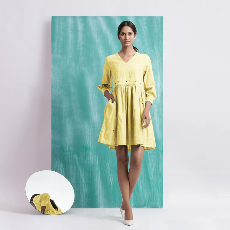 Light Yellow Handspun Cotton V-Neck Gathered Short Dress
