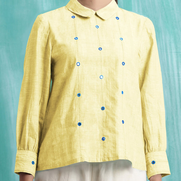 Light Yellow Mirror Work Handspun Cotton Blouse Top