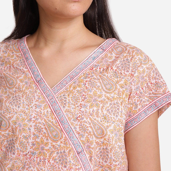 Front Detail of a Model wearing Straight Sanganeri Block Printed Top