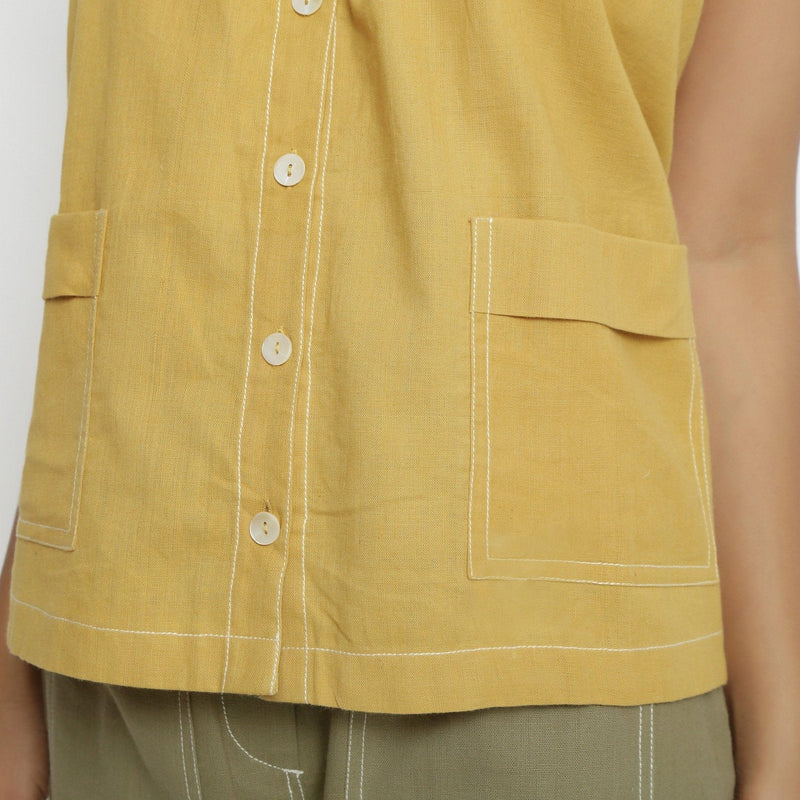 Front Detail of a Model wearing Light Yellow Patch Pocket Vegetable Dyed Handspun Cotton Camisole Top