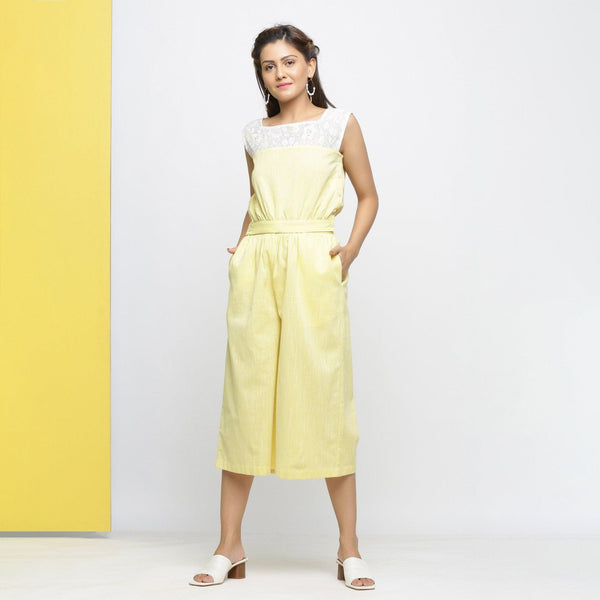 Front View of a Model wearing Light Yellow Yarn Dyed 100% Cotton Flared Culottes