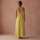 Light Yellow Yarn-Dyed Cotton Deep V-Neck Cami Maxi Dress