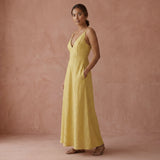 Light Yellow Yarn-Dyed Cotton Deep V-Neck Cami Maxi Dress