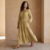 Light Yellow Yarn-Dyed Cotton Fit and Flare Maxi Tier Dress
