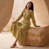 Light Yellow Yarn-Dyed Cotton Fit and Flare Maxi Tier Dress