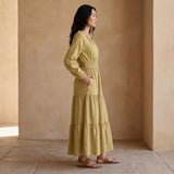 Light Yellow Yarn-Dyed Cotton Fit and Flare Maxi Tier Dress