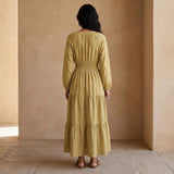 Light Yellow Yarn-Dyed Cotton Fit and Flare Maxi Tier Dress
