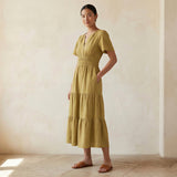 Light Yellow Yarn-Dyed Cotton Flutter Sleeve Tie-Back Tiered Midi Dress