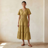 Light Yellow Yarn-Dyed Cotton Flutter Sleeve Tie-Back Tiered Midi Dress