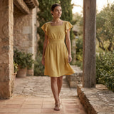 Light Yellow Yarn-Dyed Cotton Open-Back Fit and Flare Knee Length Dress