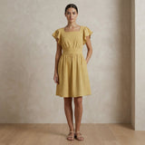 Light Yellow Yarn-Dyed Cotton Open-Back Fit and Flare Knee Length Dress