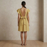 Light Yellow Yarn-Dyed Cotton Open-Back Fit and Flare Knee Length Dress