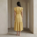 Light Yellow Yarn-Dyed Cotton Ruffle Midi Wrap Dress