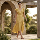 Light Yellow Yarn-Dyed Cotton Ruffle Midi Wrap Dress