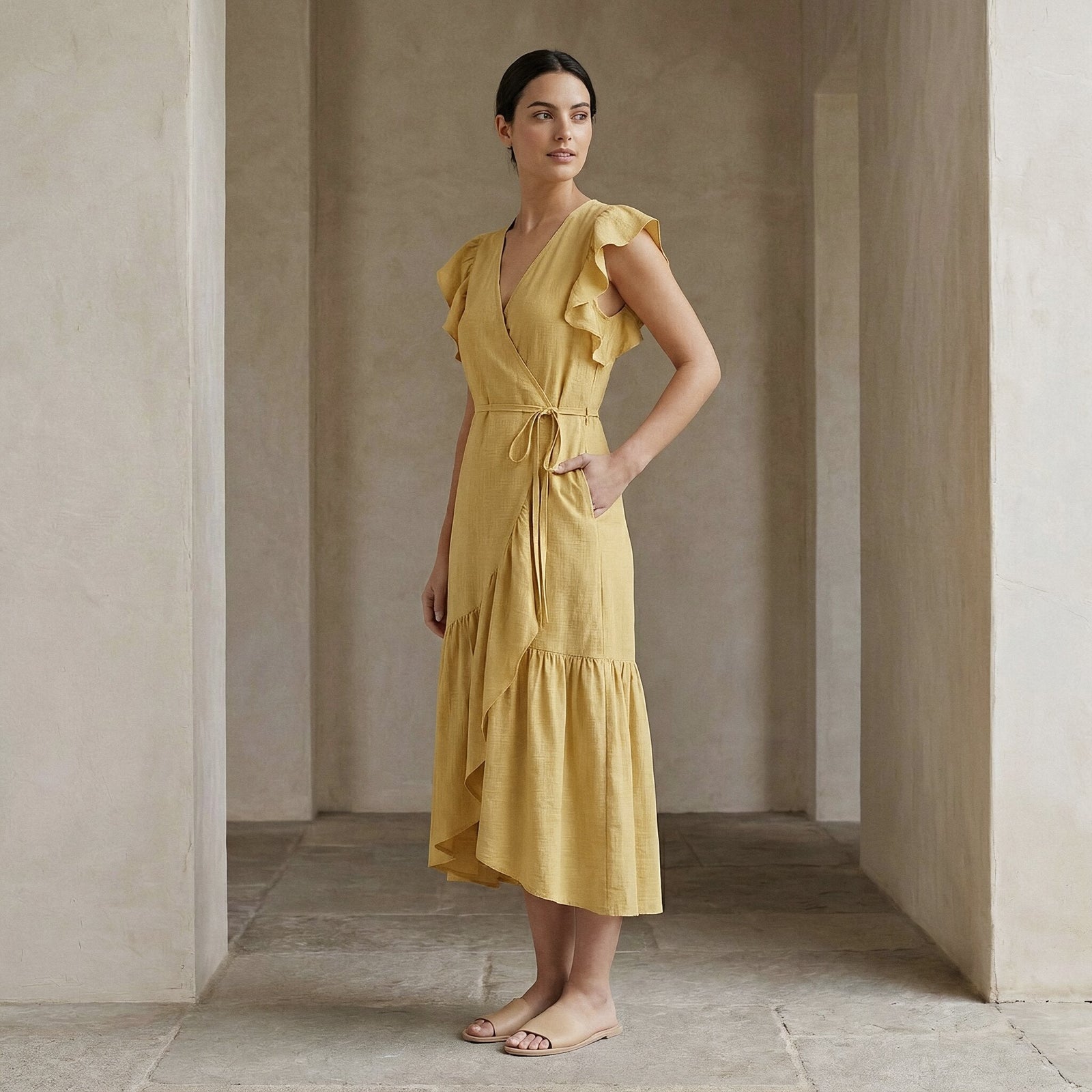 Buy Light Yellow Yarn-Dyed Cotton Ruffle Midi Wrap Dress Online at  SeamsFriendly